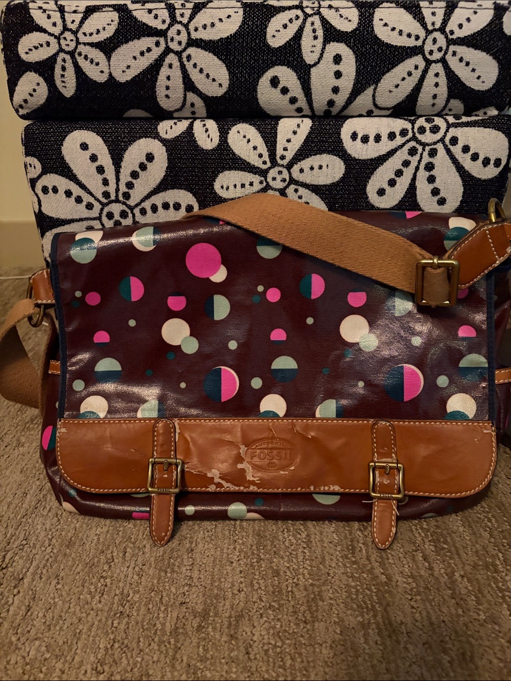 Fossil Key-Per Coated Canvas Polka Dot Messenger Bag Flap Crossbody As-Is